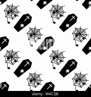 monochrome coffins and cobweb on white background seamless pattern vector illustration Stock Vector