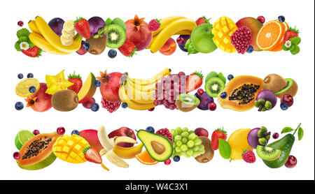 Tropical and exotic seasonal fruits, forest berries background. Bananas and avocados, whole kiwi and peach. Fruit salad, fresh juice ingredients isola Stock Photo