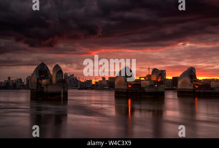 Golden sunset at the Thames Flood Barrier, London England UK Stock Photo
