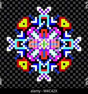 bright psychedelic mandala of the pixels on a black background Stock Vector