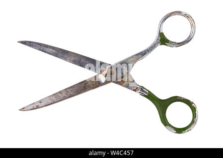 Single old soviet scissors isolated on white background. Opened. Stock Photo