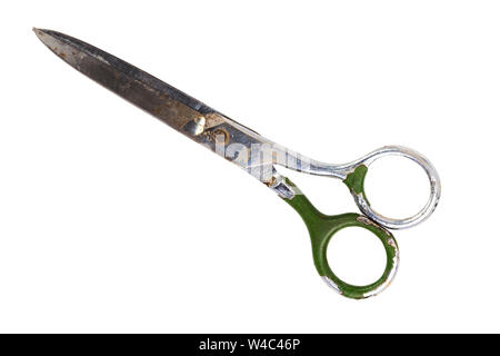 Single old soviet scissors isolated on white background. Closed. Stock Photo