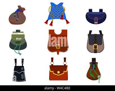 Vector set of medieval waist bags - isolated colored illustrations Stock Vector