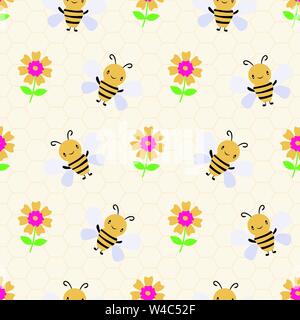 Cute cartoon honey bees and flowers on subtle yellow honeycomb background. Seamless vector pattern. Great for kids,baby, garden, kindergarten, school Stock Vector