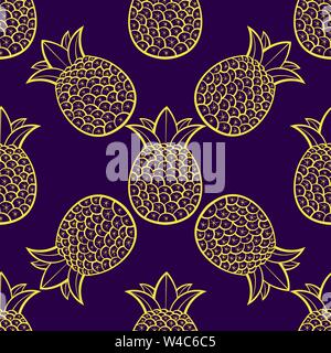 Pineapples Are Ripe, Tropical With A Black Background. Seamless Vector Pattern. Stock Vector