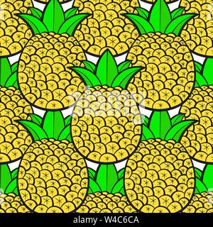 Pineapples Ripe, Tropical With White Background. Seamless Vector Pattern. Stock Vector