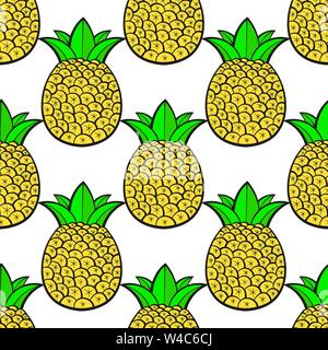 Pineapples Ripe, Tropical With White Background. Seamless Vector Pattern. Stock Vector