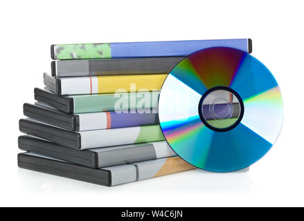 DVD, CD-ROM or Blu-Ray disc with stacked boxes for movies, audio or software on white background Stock Photo