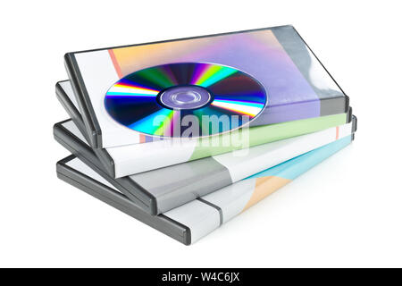 DVD, CD-ROM or Blu-Ray disc with stacked boxes for movies, audio or software on white background Stock Photo