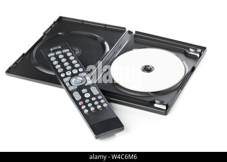 DVD, CD-ROM or Blu-Ray disc with tv or disc player remote control and plastic box on white background. Home theatre movie or series concept. Stock Photo