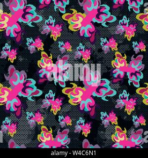 brightly colored abstract flowers on a black background seamless pattern Stock Vector
