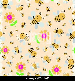Cute cartoon honey bees and flowers on subtle yellow honeycomb background. Busy seamless vector pattern. Great for kids,baby, garden, kindergarten Stock Vector