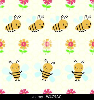 Cute cartoon honey bees and flowers on subtle yellow honeycomb background. Seamless geometric vector pattern. Great for kids,baby, garden Stock Vector