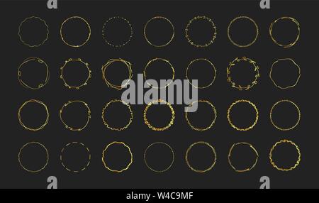 Set of gold hand drawn round frames on black background for premium design. Elite jewelry decor. Stock Vector