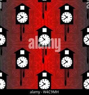 cuckoo clock on a red background seamless vector pattern Stock Vector