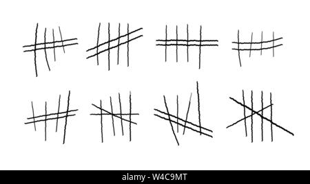 Prison symbols, Jail tally marks. Hand drawn Lines or sticks, strokes sorted by four and crossed out. Vector illustration. Stock Vector