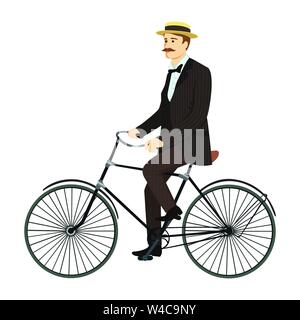 Gentleman on retro vintage old bicycle vector illustration isolated on white Stock Vector