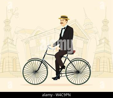 Gentleman on retro vintage old bicycle on old city background vector illustration Stock Vector