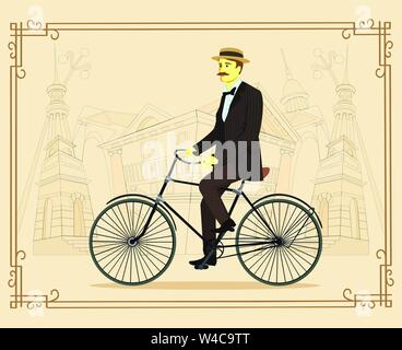 Gentleman on retro vintage old bicycle on old city vector illustration Stock Vector