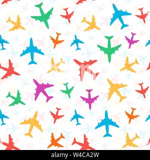 Cheerful bright colorful pattern of colored airplanes, random arrange. Ideal for packaging design, brochures, posters and clothing. Vector seamless Stock Vector