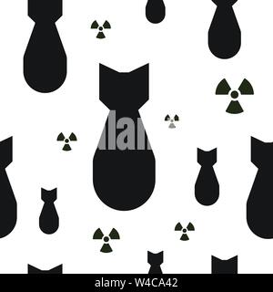 Falling atom bombs with radiation symbols, black and white seamless vector texture. Stock Vector