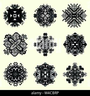 monochrome pixel mandala collection of vintage objects Stock Vector