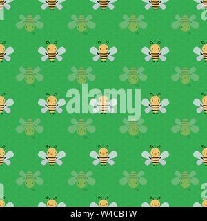 Cute cartoon honey bees with subtle honeycomb texture. Seamless geometric vector pattern on green background. Great for kids,baby, garden Stock Vector