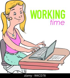 Pretty teenage girl working on using computer vector image Stock Vector