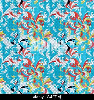 Abstract colored flowers on blue background seamless pattern Stock Vector