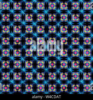 small colored circles and polygons on a black background seamless pattern Stock Vector