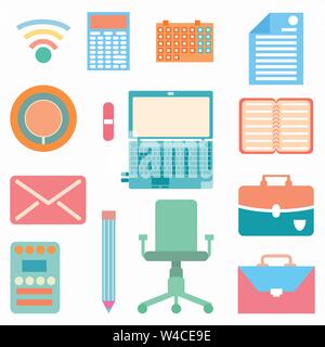 Collection of office objects icons in gentle colors Stock Vector