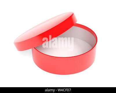 Round box. Open red carton with lid. 3d rendering illustration isolated Stock Photo