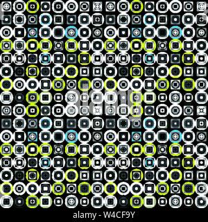 colored circles and squares on a black background seamless pattern vector illustration Stock Vector