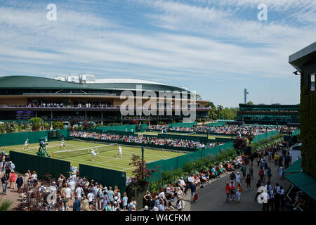 General View of Court 14 and No.1 Court during The Wimbledon Championships 2019. Held at The All England Lawn Tennis Club, Wimbledon. Stock Photo