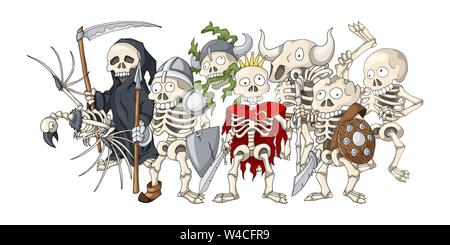 Undead war formation. Cartoon illustration of different skeletons sketches Stock Vector