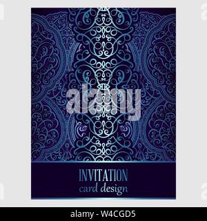 Wedding invitation card with blue shiny eastern and baroque rich foliage. Ornate islamic background for your design. Islam, Arabic, Indian, Dubai Stock Vector