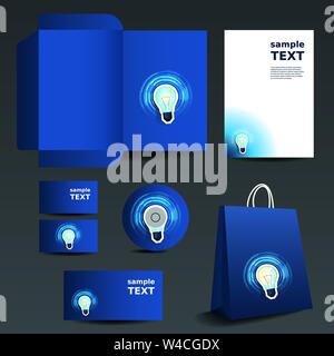 Blue Stationery Template Design and Business Set: Envelope, Business Card, T-Shirt, Stationery, Notepaper, Shopping Bag - Illustration in Vector Stock Vector