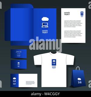 Blue Stationery Template Design and Business Set: Envelope, Business Card, T-Shirt, Stationery, Notepaper, Shopping Bag - Illustration in Vector Stock Vector