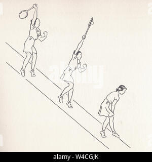 overhead reach illustrations from Lawn Tennis. May I Introduce you? How to play tennis book by Evelyn Dewhurst with sketches by Aubrey Weber. Publishe Stock Photo