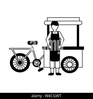 man bicycle food cart on white background Stock Vector