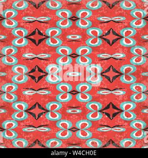 abstract objects on a red background in retro style grunge effect seamless pattern Stock Vector