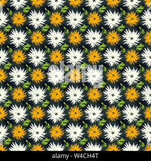 orange green and white flowers on a dark background seamless pattern Stock Vector
