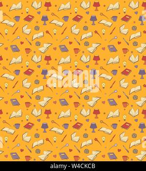 Seamless pattern with books, lamps, pens and cups, vector illustration Stock Vector
