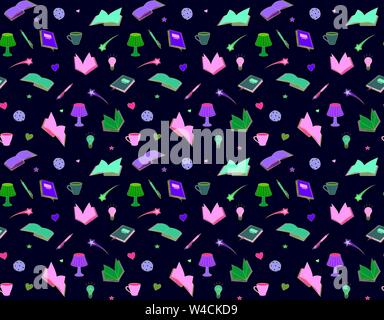 Seamless pattern with books, lamps, pens and cups, vector illustration Stock Vector