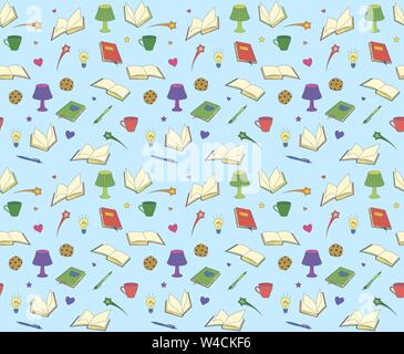 Seamless pattern with books, lamps, pens and cups, vector illustration Stock Vector