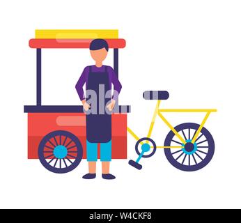 man bicycle food cart on white background Stock Vector