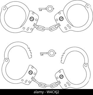 Handcuffs. Closed and open with key. Outline icon Stock Vector