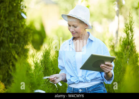 Waist up portrait of smiling woman using digital tablet while gardening, copy space Stock Photo