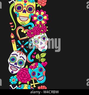 Day of the Dead seamless pattern. Sugar skulls with floral ornament. Stock Vector
