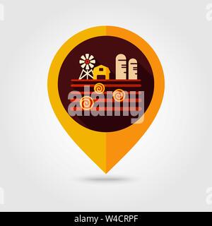 Farm landscape with barn, windpump, haystack and granary flat vector pin map icon. Map pointer. Map markers. Agriculture sign. Graph symbol for your w Stock Vector
